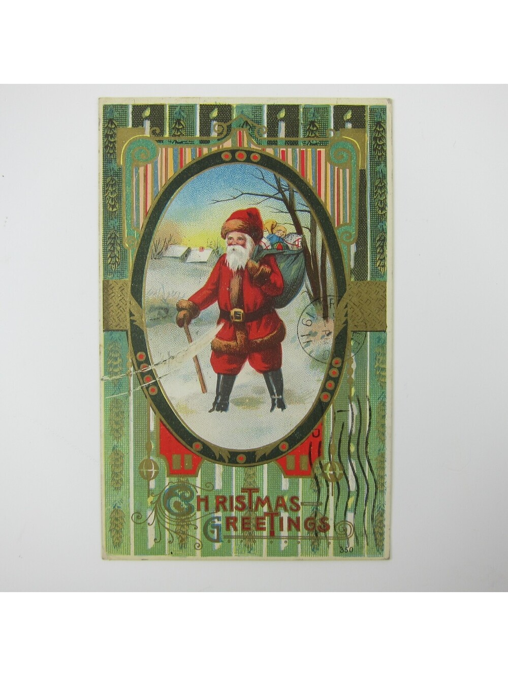 Vintage Christmas Postcard Santa Bag Toys Snow Green Gold Embossed Antique 1911